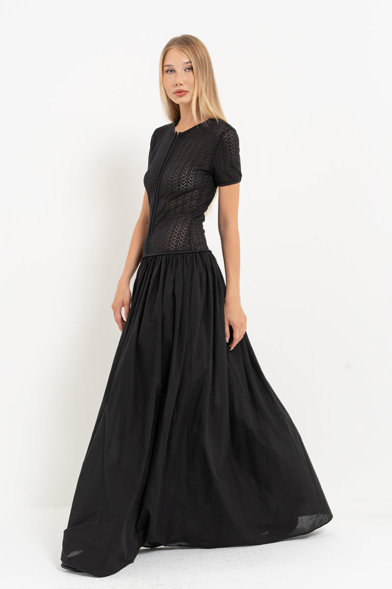 Black Hook-and-Eye Maxi Dress with Mesh Top