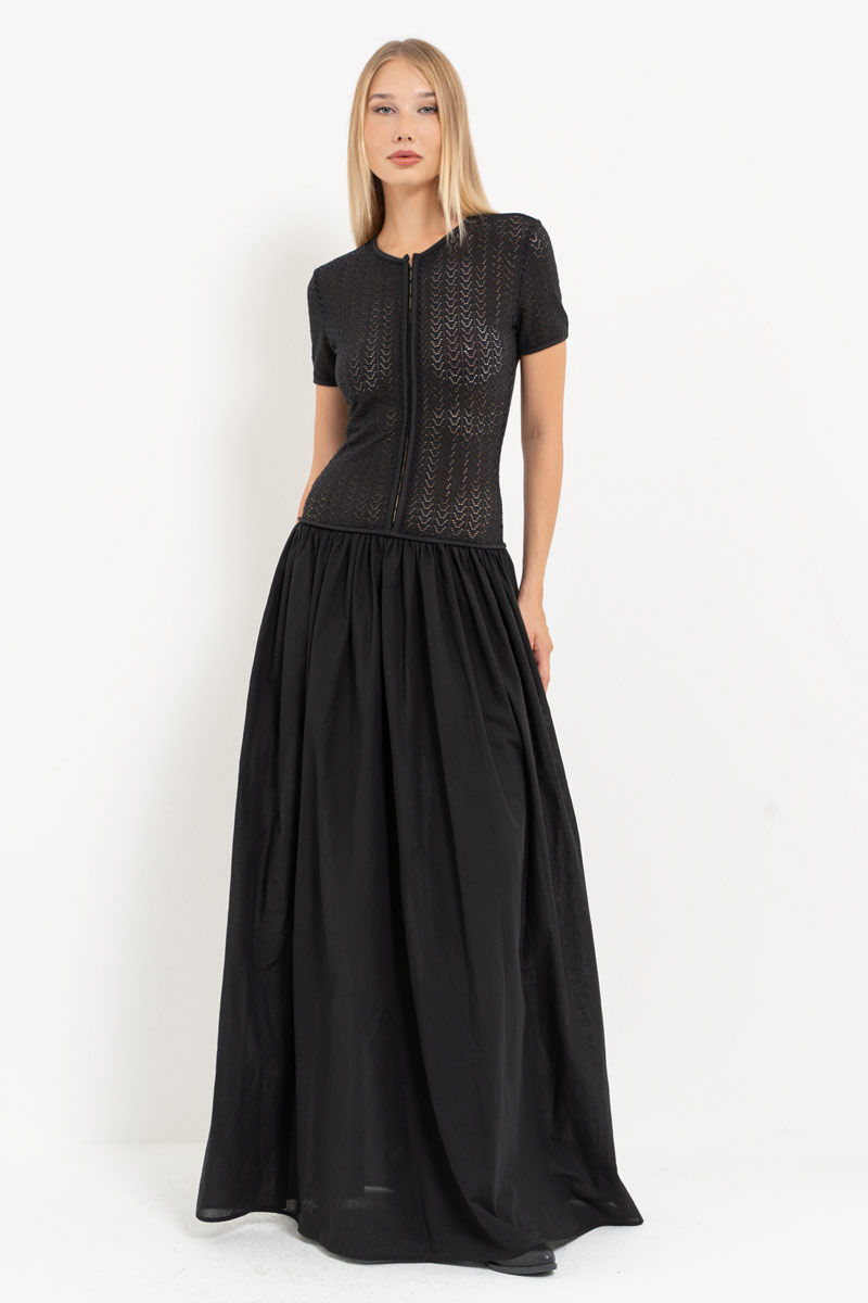 Black Hook-and-Eye Maxi Dress with Mesh Top