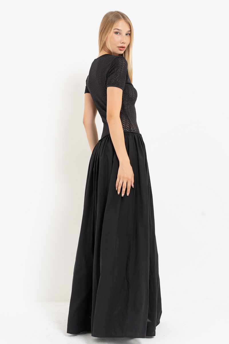 Black Hook-and-Eye Maxi Dress with Mesh Top