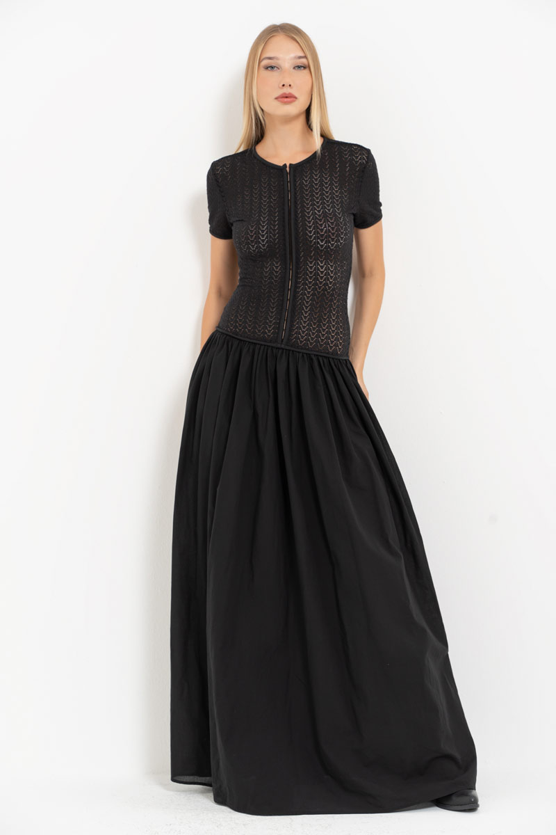 Black Hook-and-Eye Maxi Dress with Mesh Top