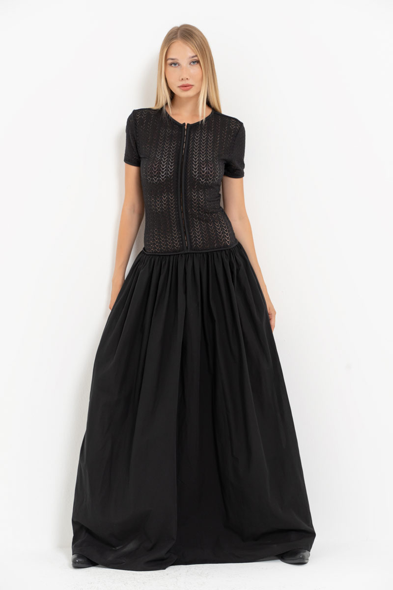 Black Hook-and-Eye Maxi Dress with Mesh Top