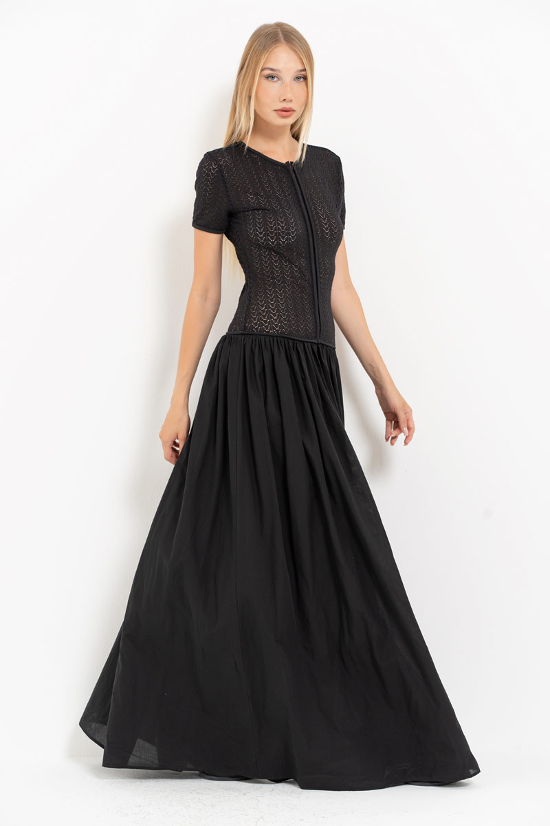 Black Hook-and-Eye Maxi Dress with Mesh Top