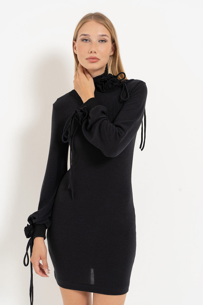 Black Mock-Neck Rose-Accent Dress