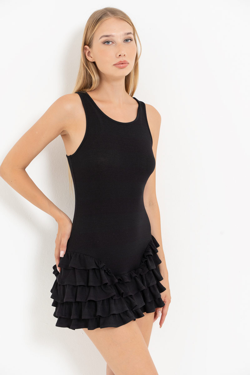 Black Ruffle-Trim Skirt Dress with Snap-Button Bodysuit