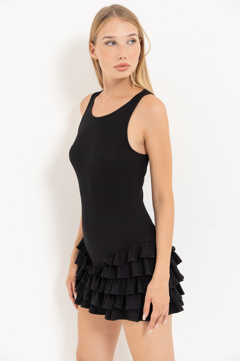 Black Ruffle-Trim Skirt Dress with Snap-Button Bodysuit