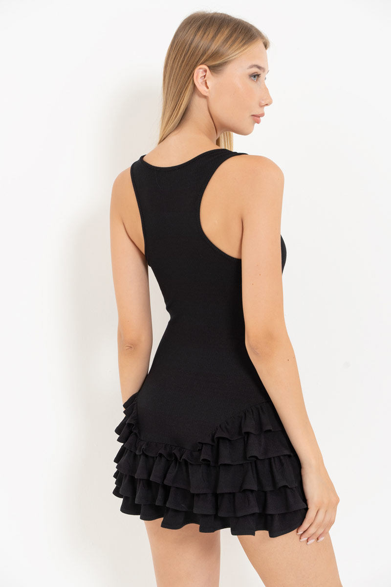 Black Ruffle-Trim Skirt Dress with Snap-Button Bodysuit