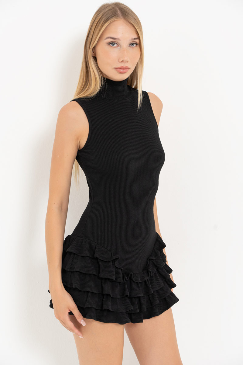 Black Mock-Neck Dress with Ruffle-Trim Skirt