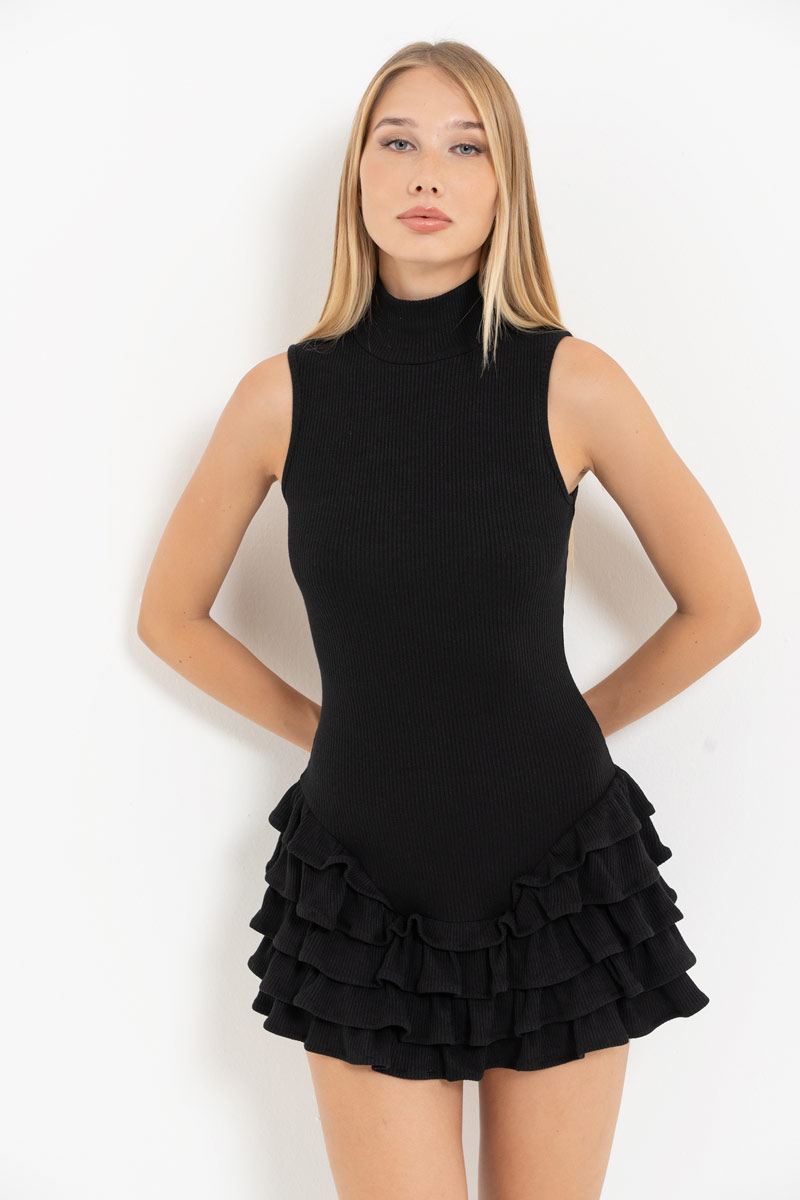 Black Mock-Neck Dress with Ruffle-Trim Skirt