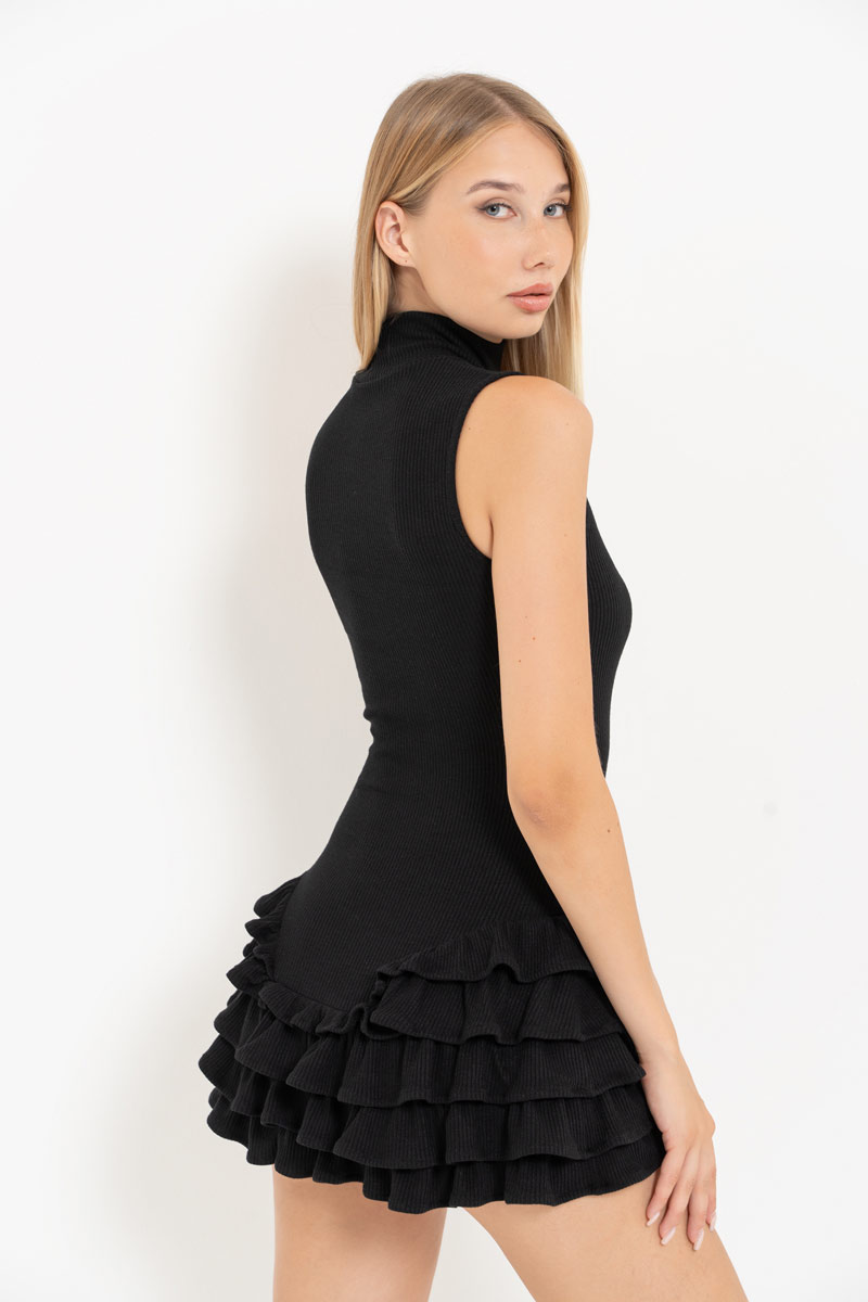 Black Mock-Neck Dress with Ruffle-Trim Skirt