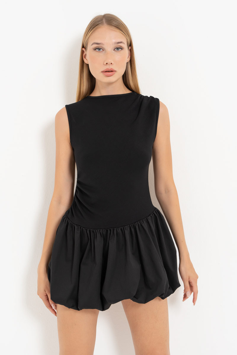 Black Balloon-Skirt Sleeveless Dress