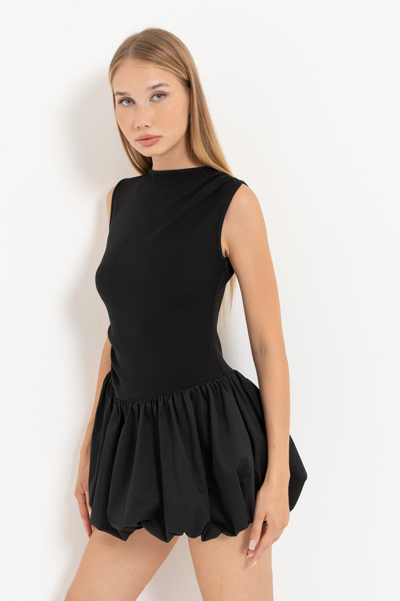 Black Balloon-Skirt Sleeveless Dress