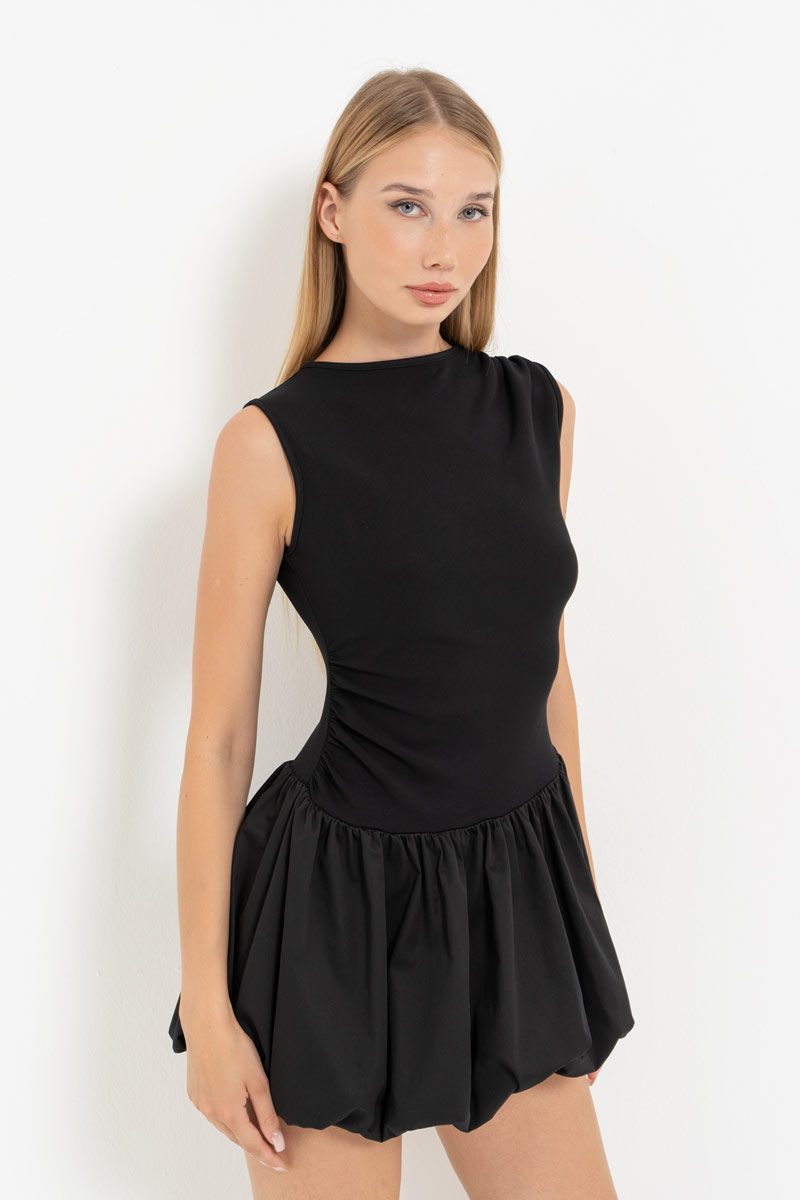 Black Balloon-Skirt Sleeveless Dress