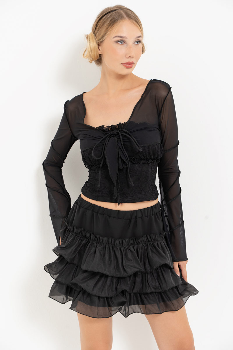 Black Tube Top & Mesh Bolero & Mini Skirt Set