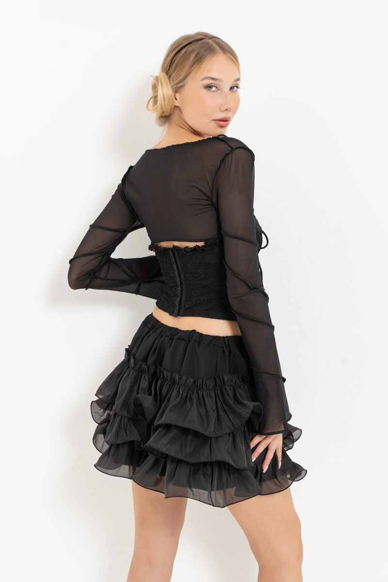 Black Tube Top & Mesh Bolero & Mini Skirt Set