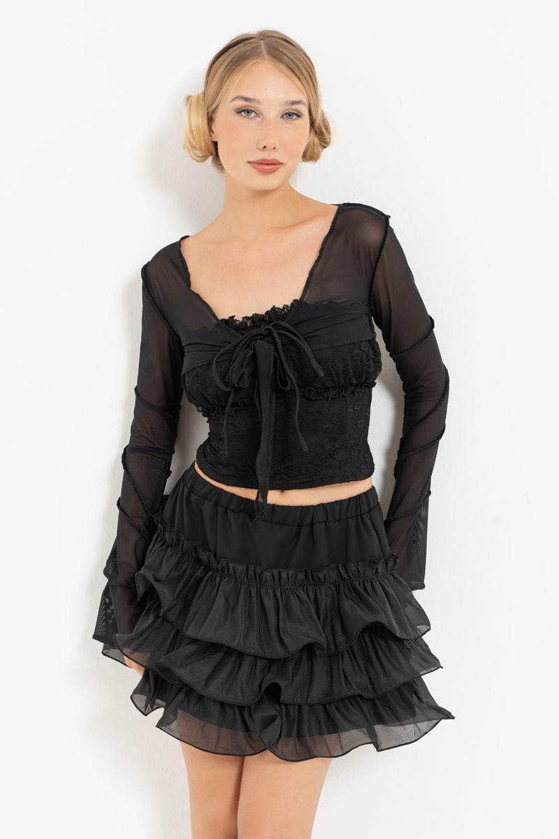 Black Tube Top & Mesh Bolero & Mini Skirt Set