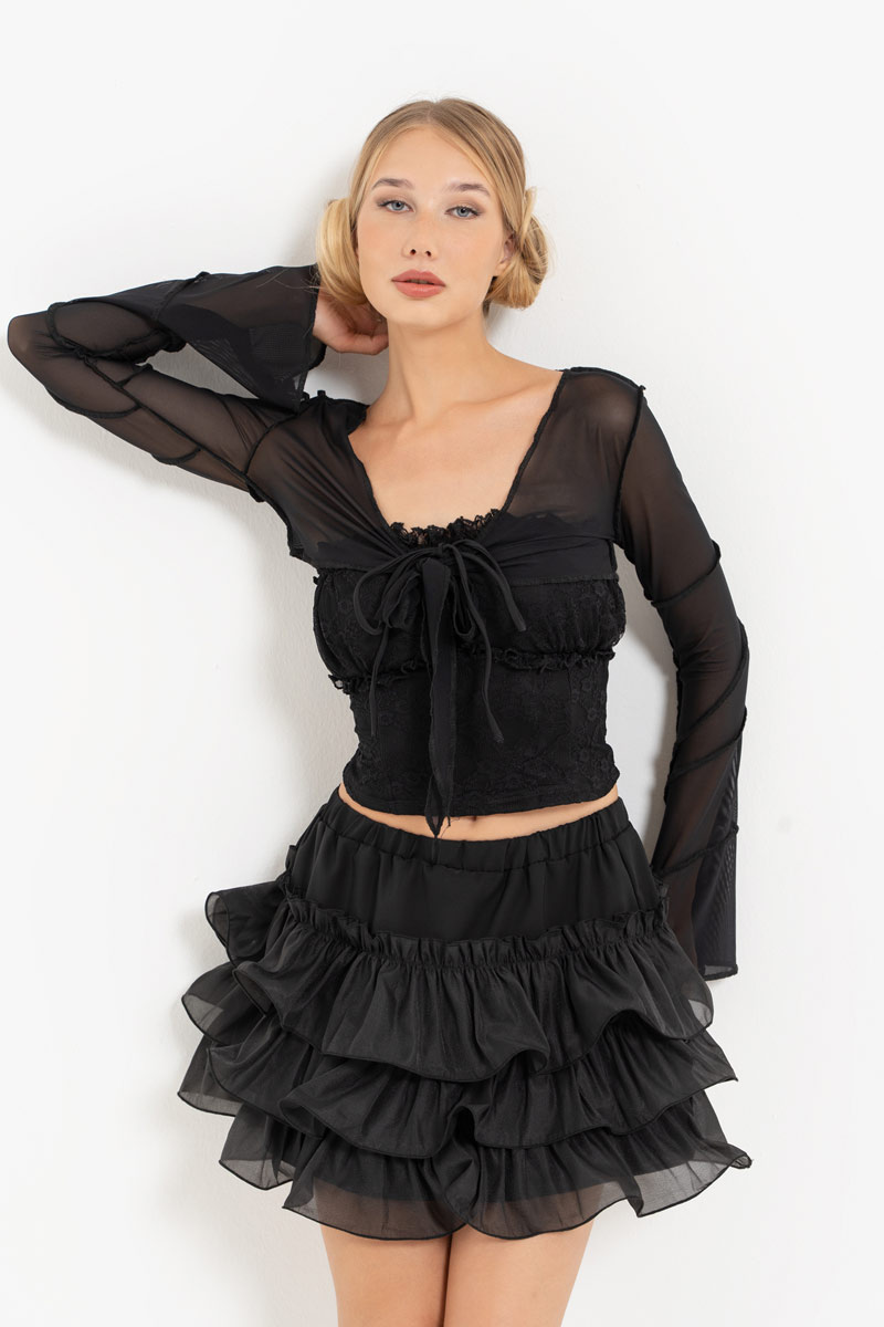 Black Tube Top & Mesh Bolero & Mini Skirt Set