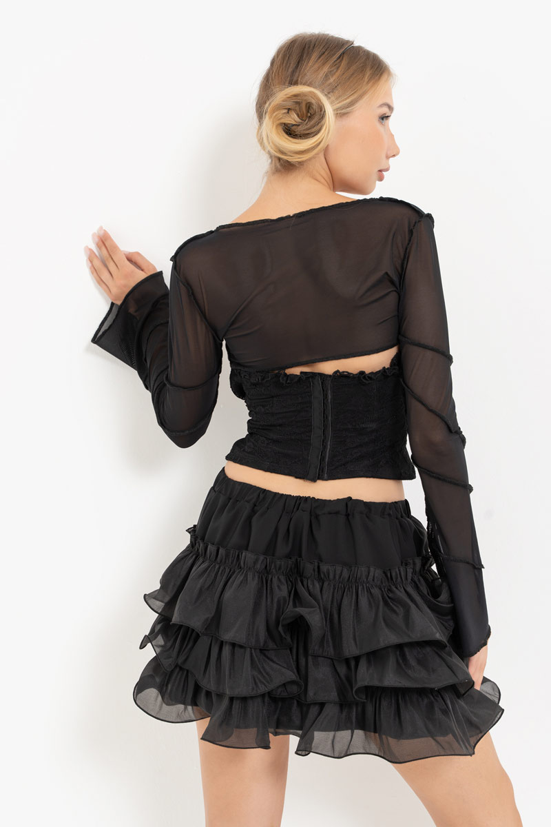 Black Tube Top & Mesh Bolero & Mini Skirt Set