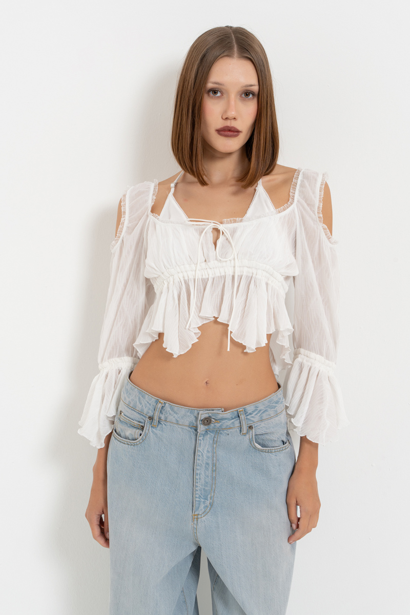 Offwhite Cut Out Shoulder Chiffon Top