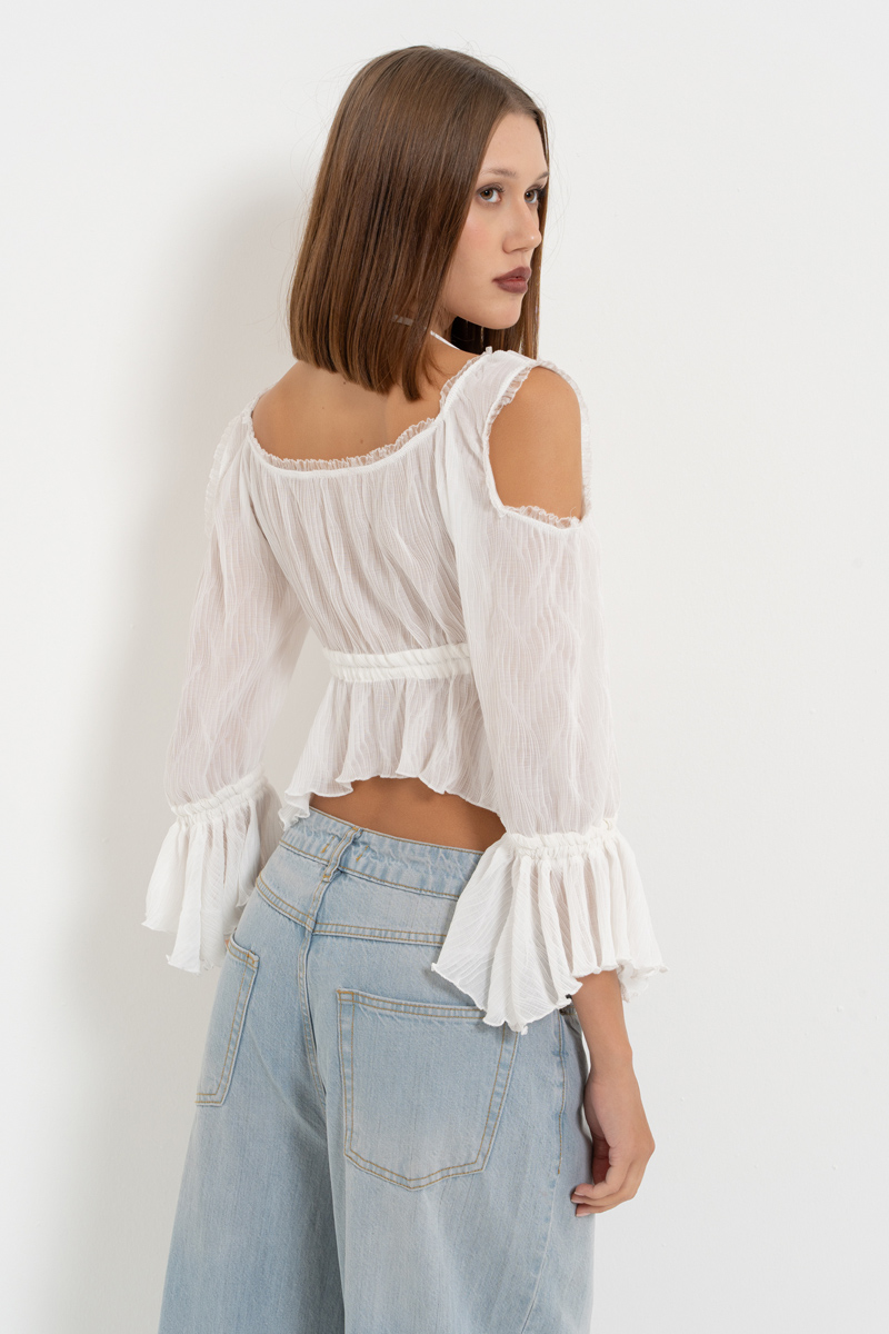 Offwhite Cut Out Shoulder Chiffon Top