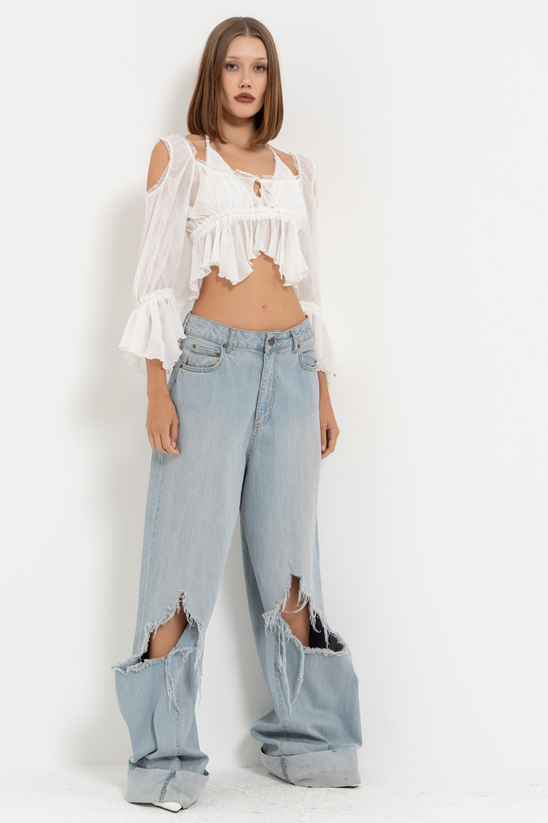 Offwhite Cut Out Shoulder Chiffon Top