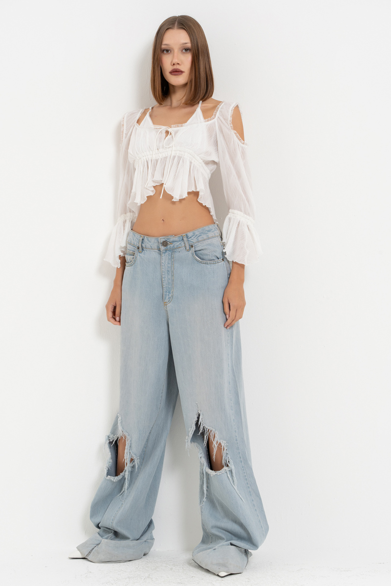 Offwhite Cut Out Shoulder Chiffon Top