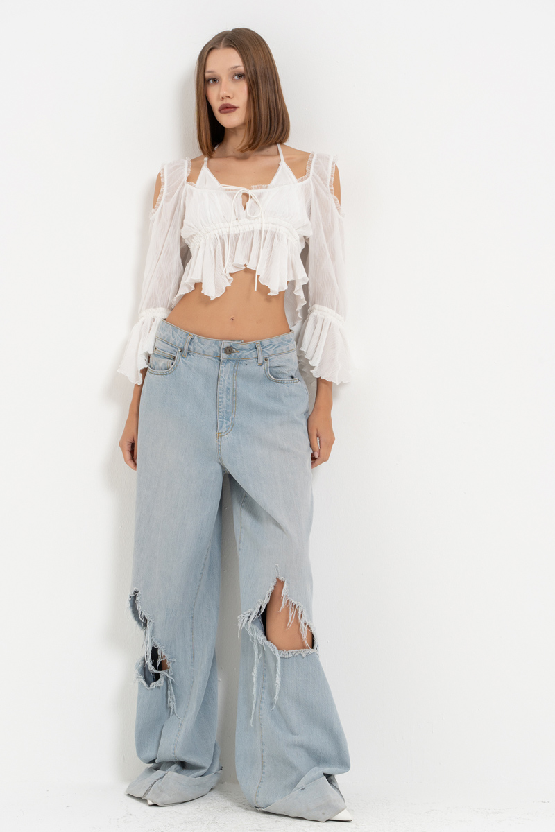 Offwhite Cut Out Shoulder Chiffon Top