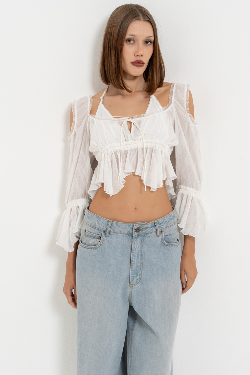 Offwhite Cut Out Shoulder Chiffon Top