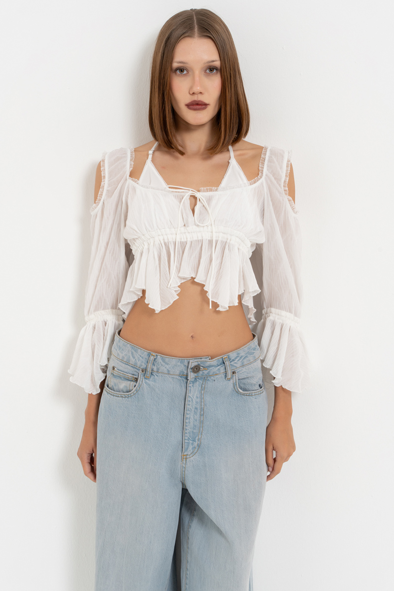 Offwhite Cut Out Shoulder Chiffon Top