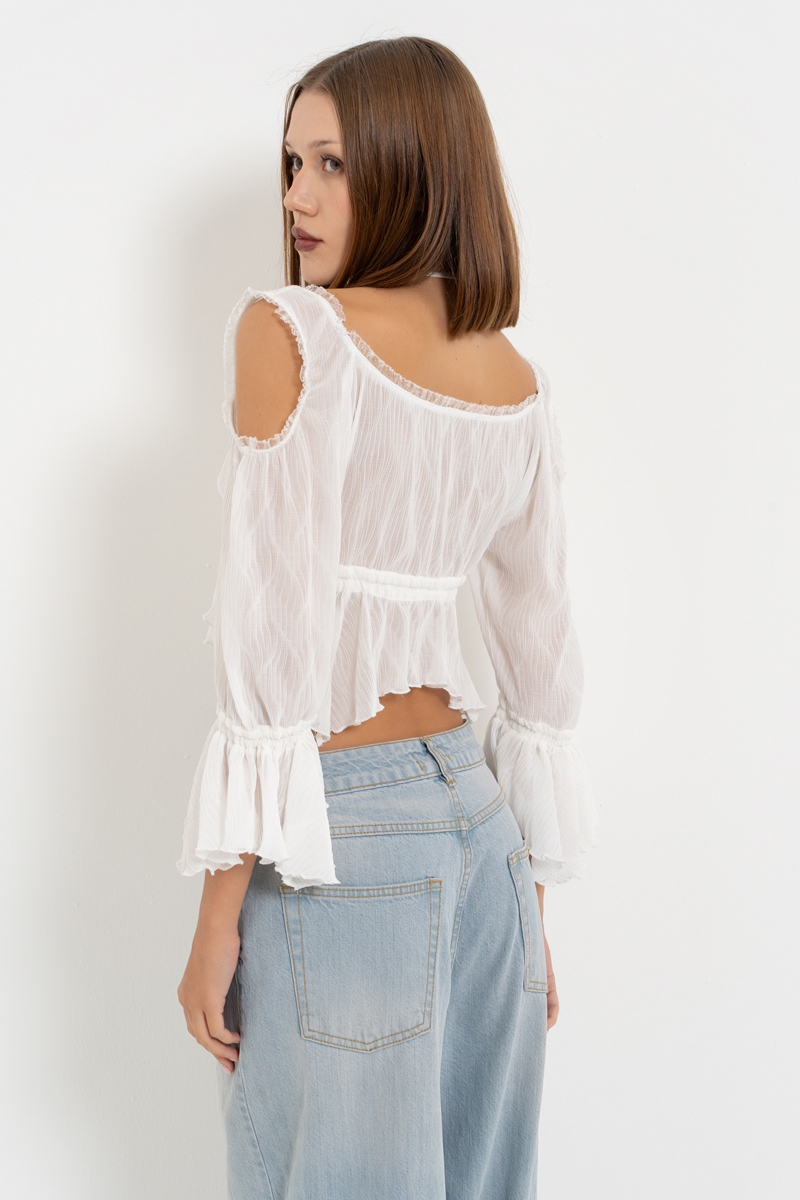 Offwhite Cut Out Shoulder Chiffon Top