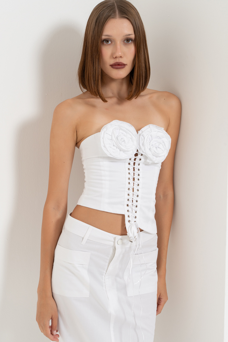 Offwhite Rose-Accent Eyelet Bustier