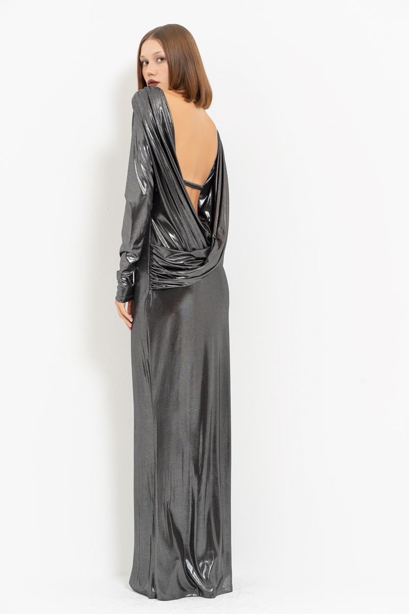 Shiny Black-Silver Backless Long-Sleeve Dress