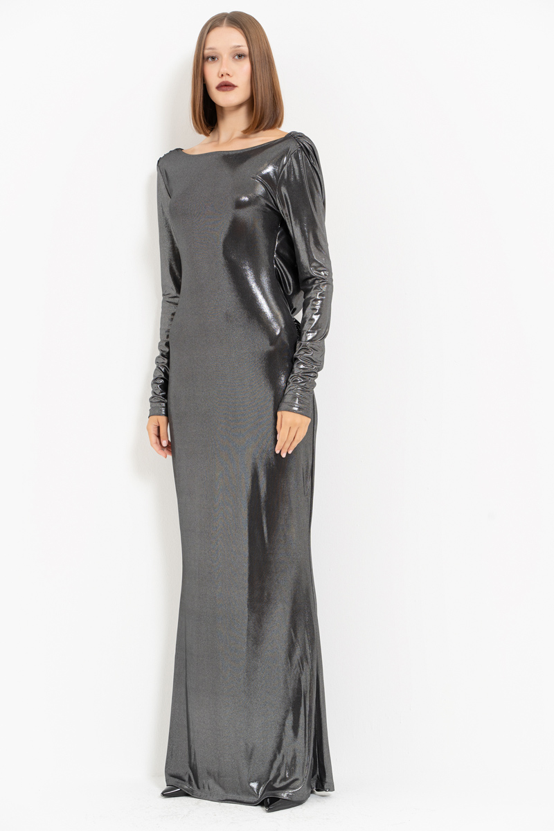 Shiny Black-Silver Backless Long-Sleeve Dress