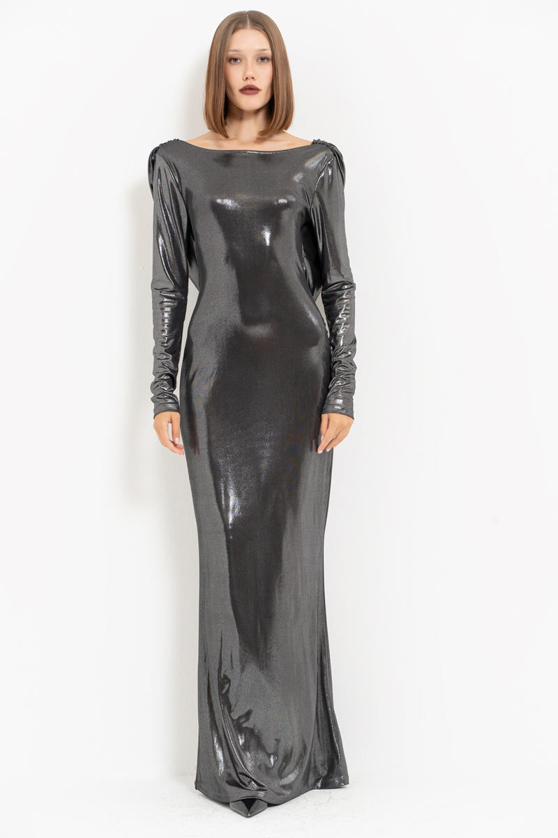 Shiny Black-Silver Backless Long-Sleeve Dress