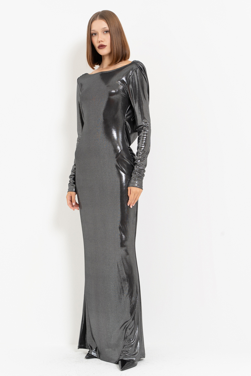 Shiny Black-Silver Backless Long-Sleeve Dress