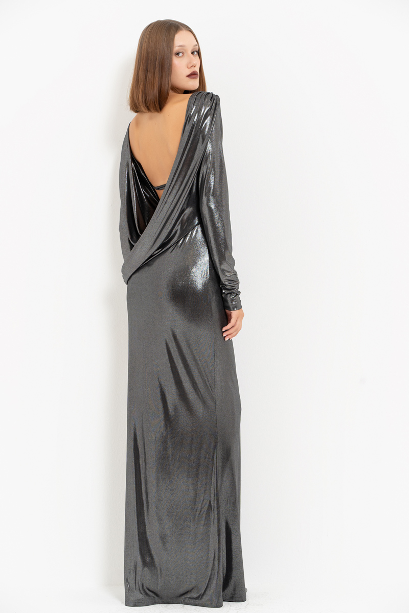 Shiny Black-Silver Backless Long-Sleeve Dress