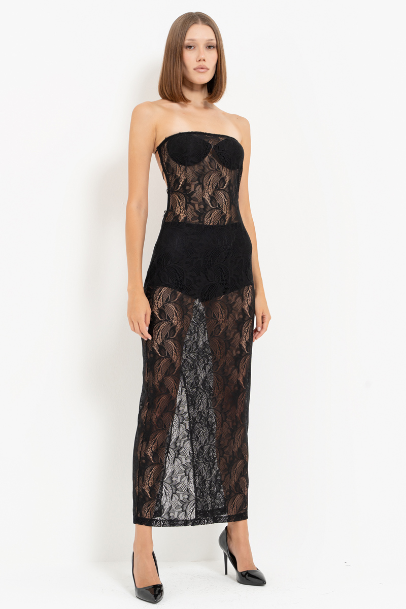 Sheer Black Backless Lace Dress