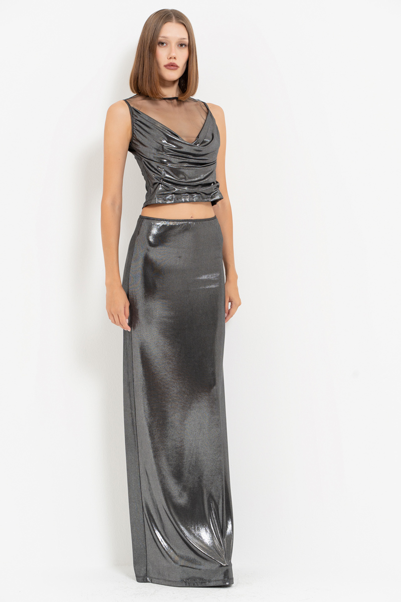 Black-Silver Cowl-Neck Mesh-Insert Top & Skirt Set