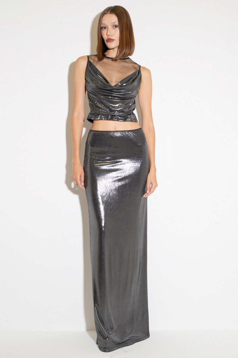 Black-Silver Cowl-Neck Mesh-Insert Top & Skirt Set