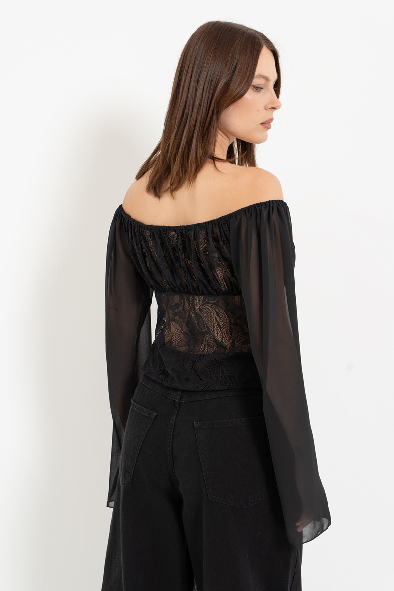 Black Off-the-Shoulder Top with Chiffon Sleeves