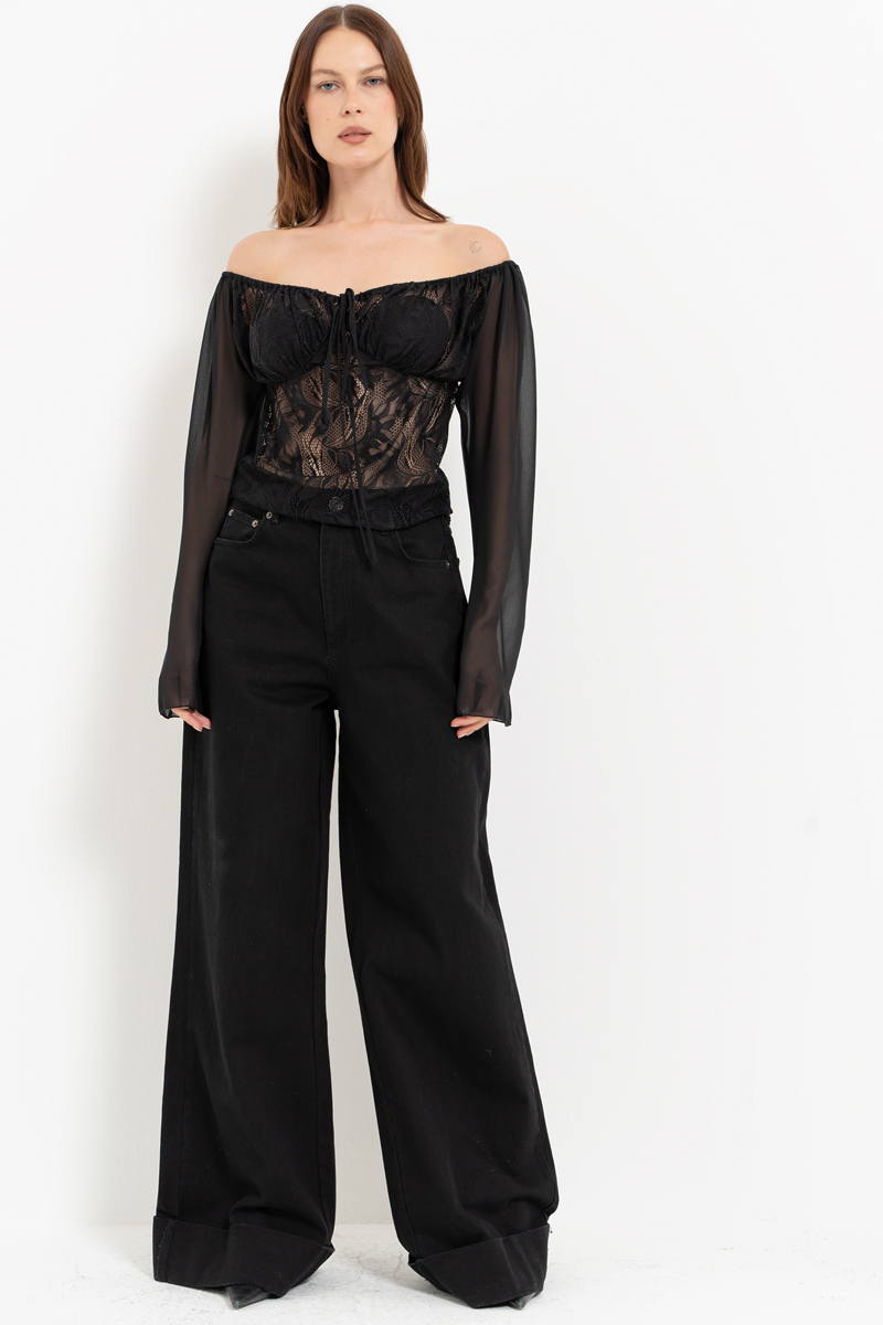 Black Off-the-Shoulder Top with Chiffon Sleeves