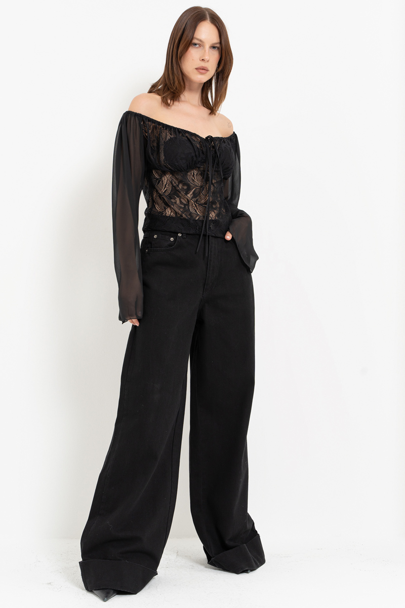 Black Off-the-Shoulder Top with Chiffon Sleeves