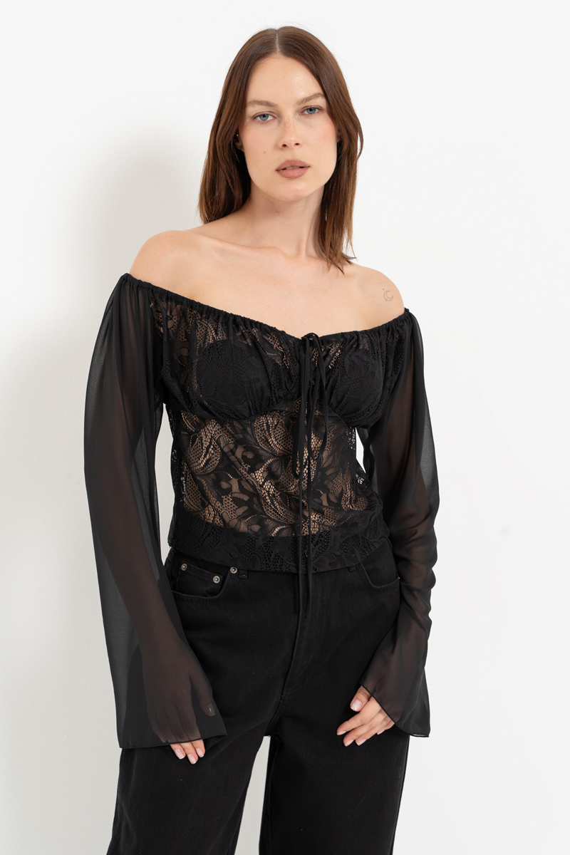 Black Off-the-Shoulder Top with Chiffon Sleeves