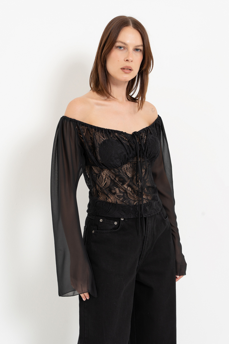 Black Off-the-Shoulder Top with Chiffon Sleeves