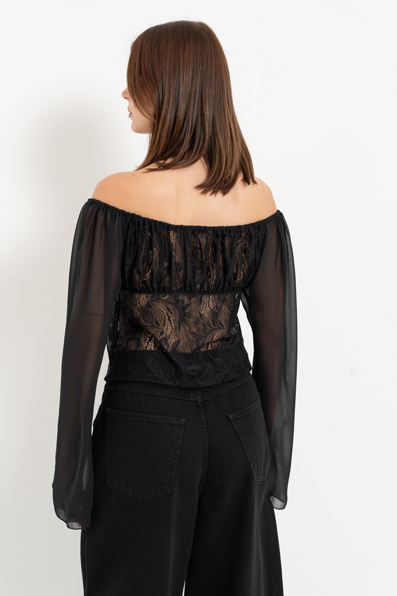 Black Off-the-Shoulder Top with Chiffon Sleeves