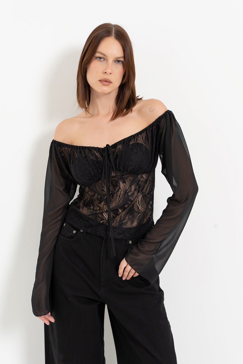 Black Off-the-Shoulder Top with Chiffon Sleeves