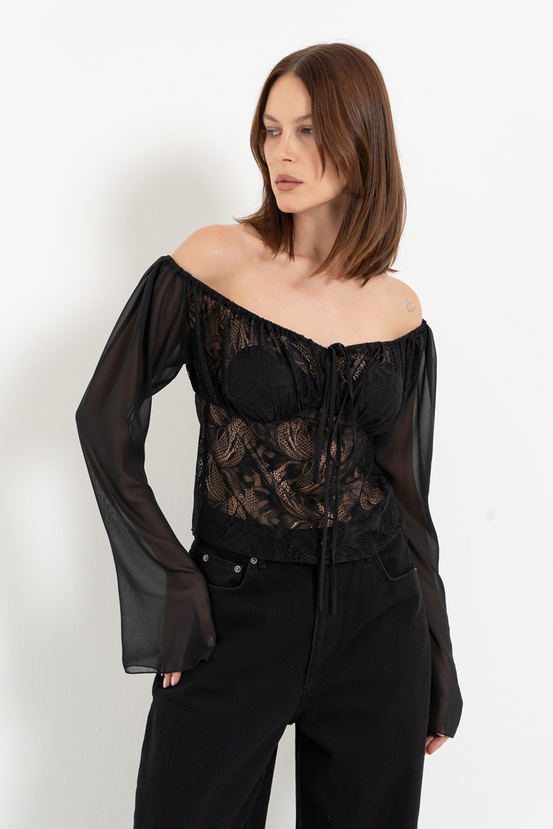 Black Off-the-Shoulder Top with Chiffon Sleeves