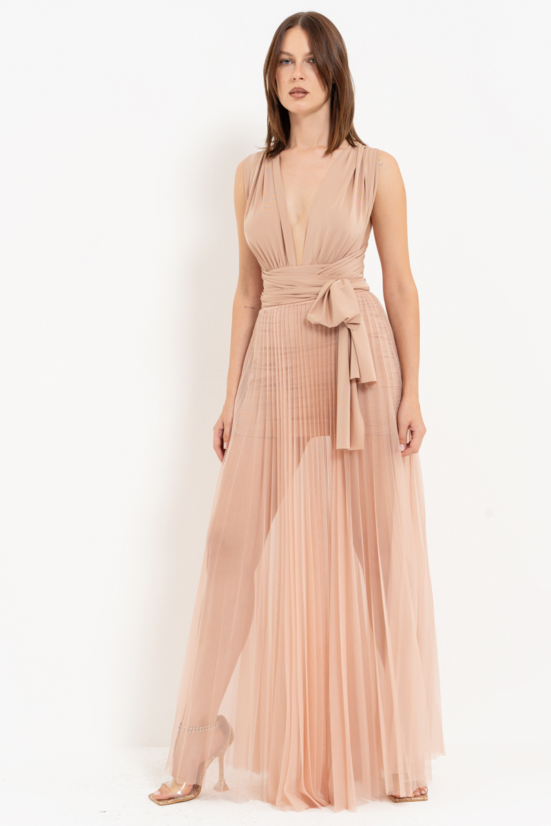 Sheer Pleated Maxi Skirt in  Nude