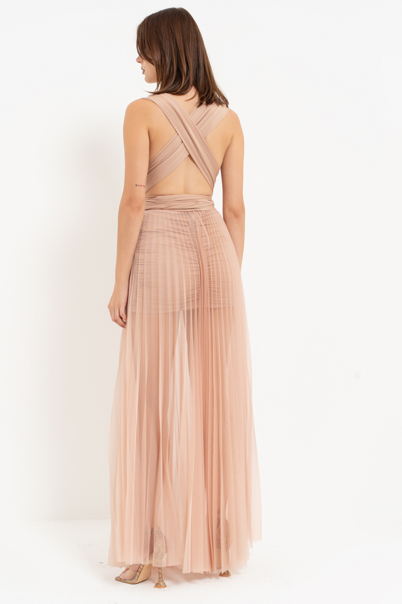 Sheer Pleated Maxi Skirt in  Nude