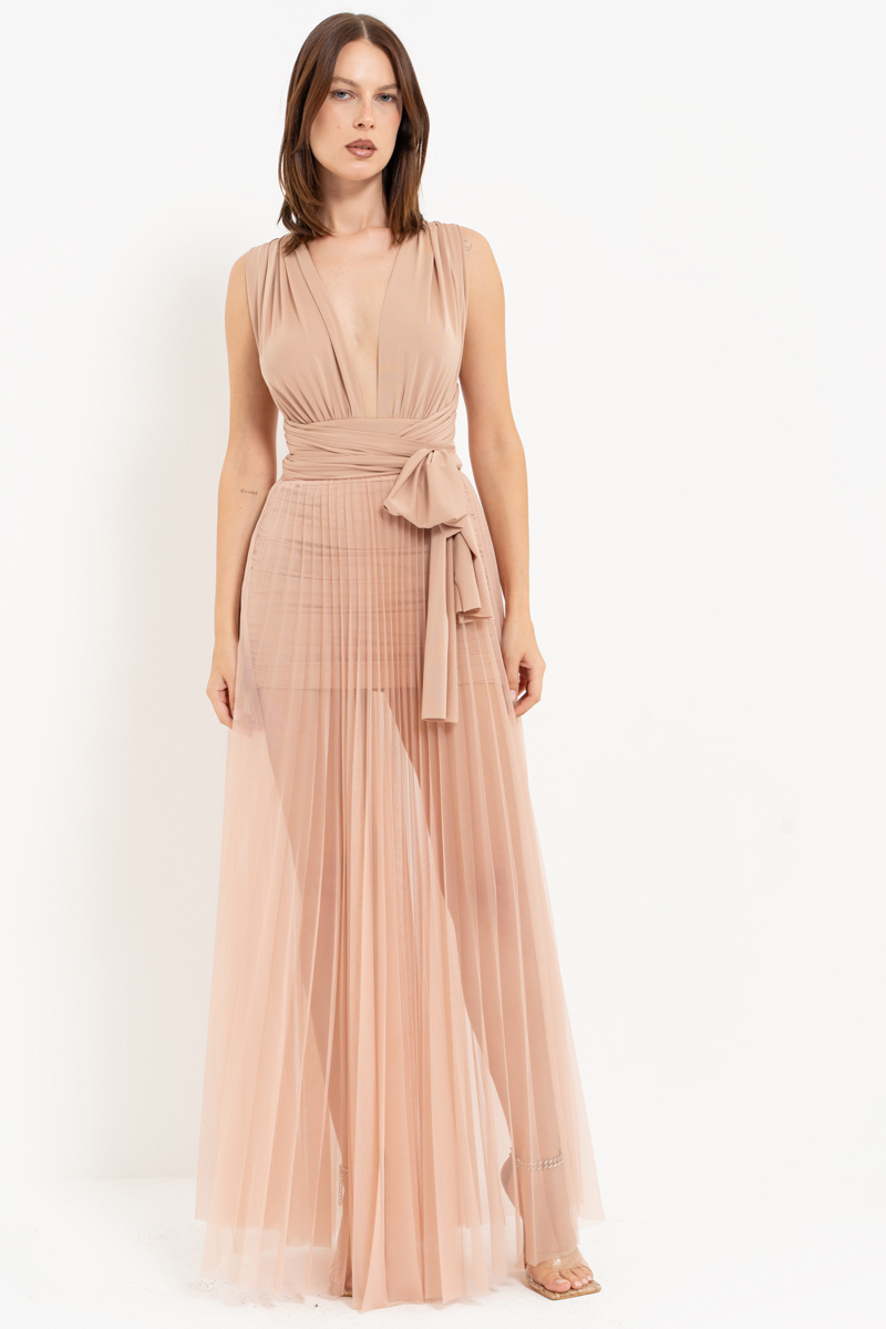 Sheer Pleated Maxi Skirt in  Nude