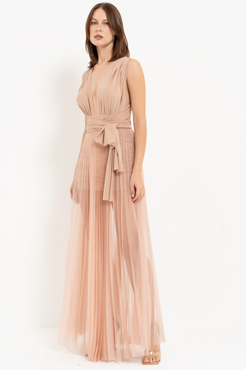 Sheer Pleated Maxi Skirt in  Nude